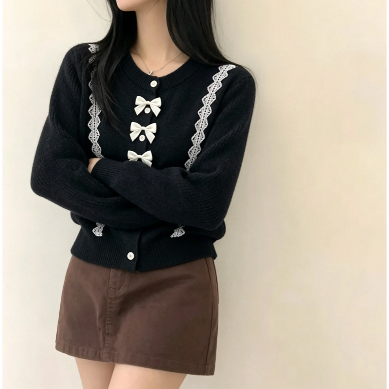 韩版 蝴蝶结提花针织开衫女温柔风设计感毛衣外套潮