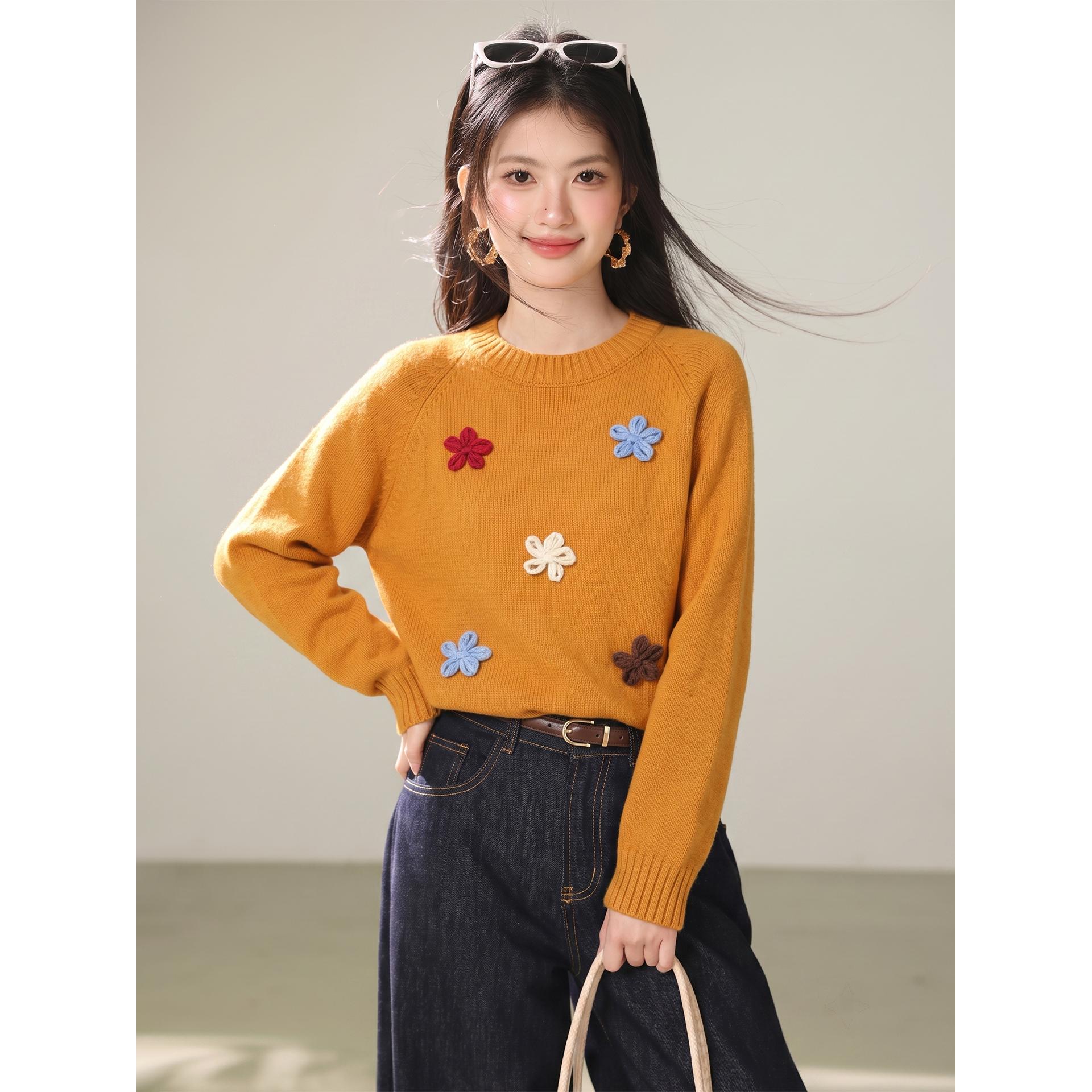 2026秋冬甜美立体花朵刺绣套头毛衣女减龄毛针织衫