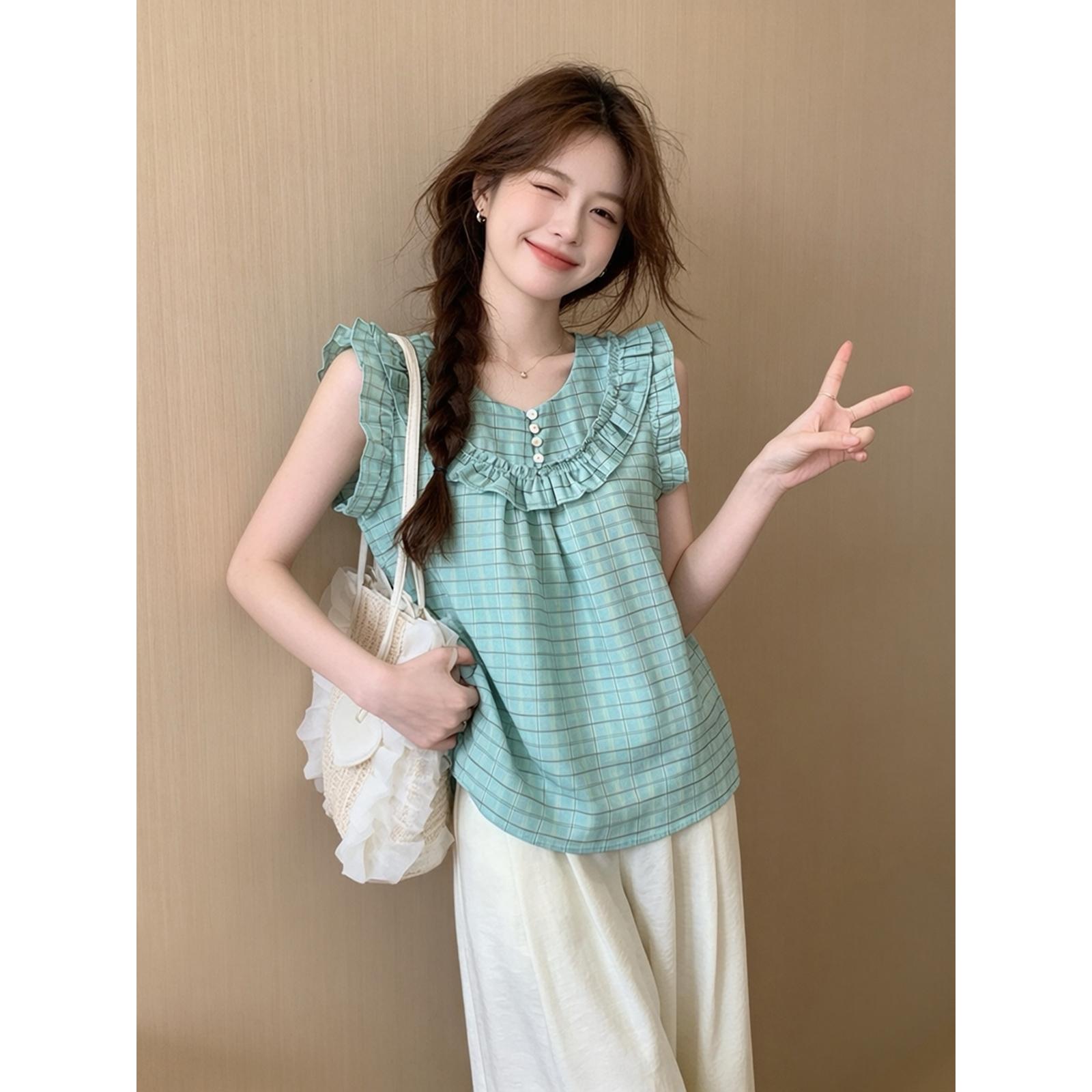 韩系风薄荷绿格纹荷叶边上衣女2026夏季清新减龄少女风无袖背心