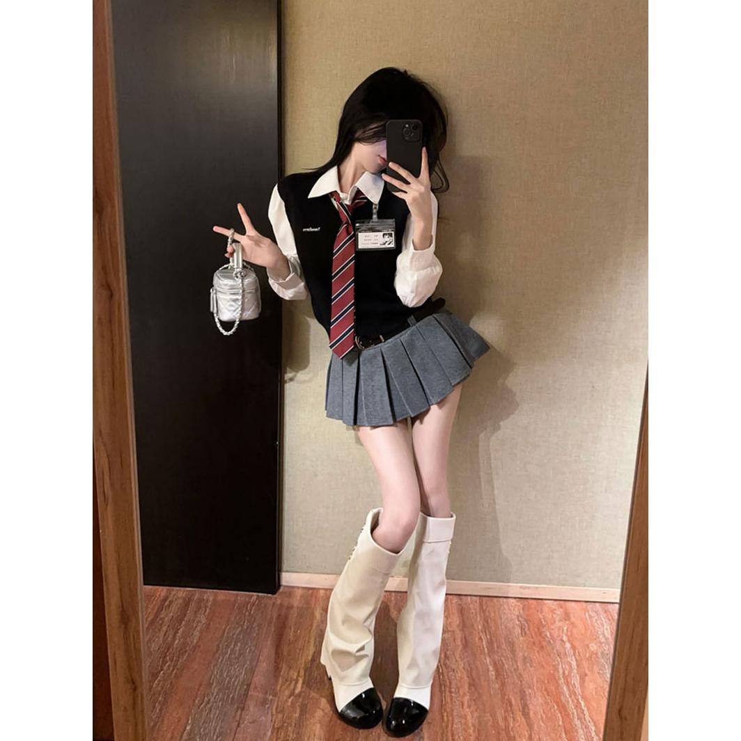 韩系学院风套装女刺绣马甲叠穿jk领带衬衫+高腰百褶短裙