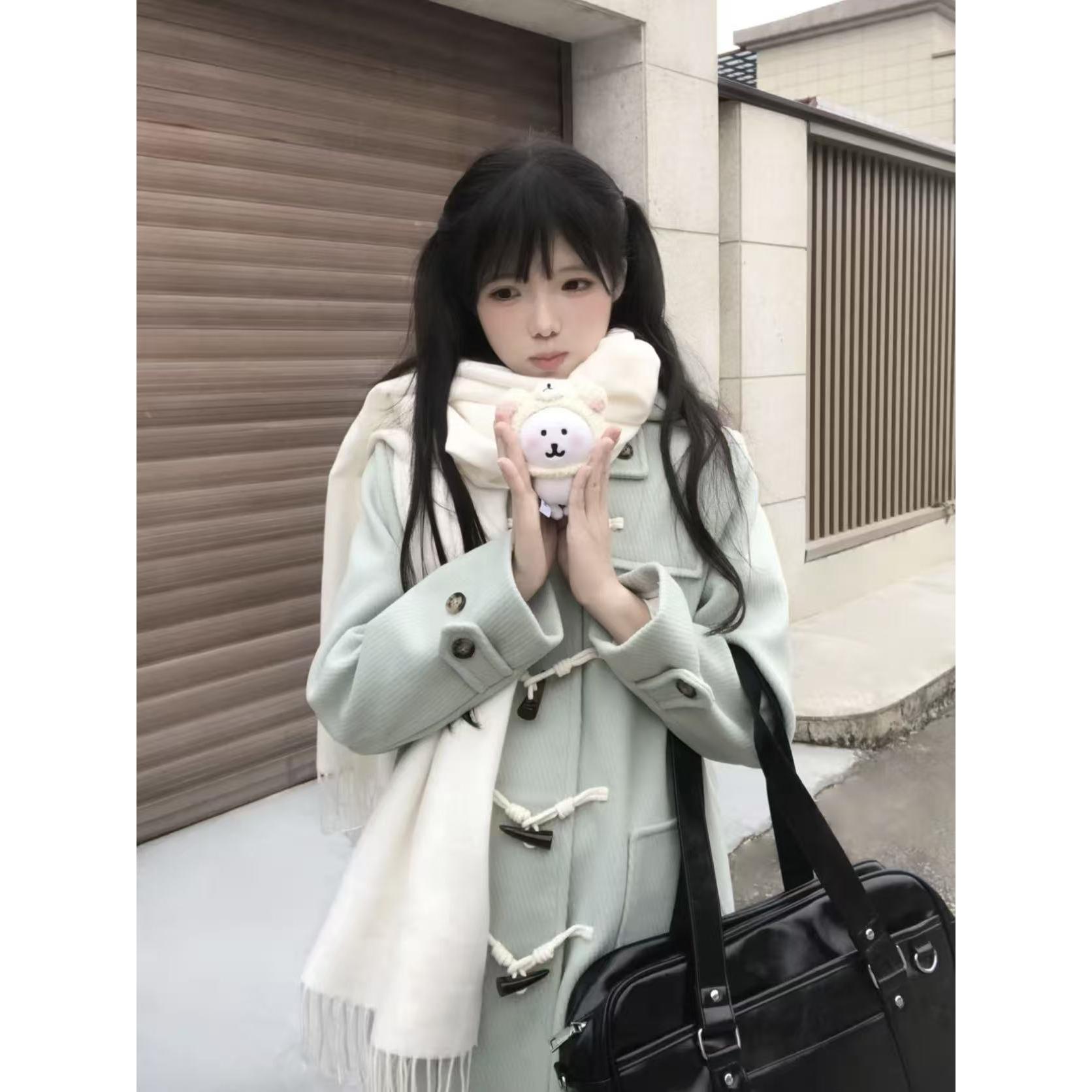 车厘子jk雪雾川原创日系学院风毛呢外套中长款加厚牛角扣大衣