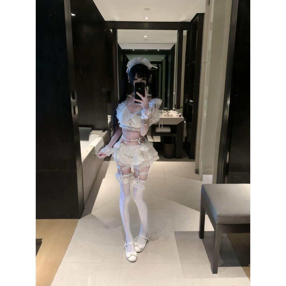 新款软妹少女感甜美可爱蝴蝶结蕾丝蝴蝶结短款上衣低腰短裙两件套
