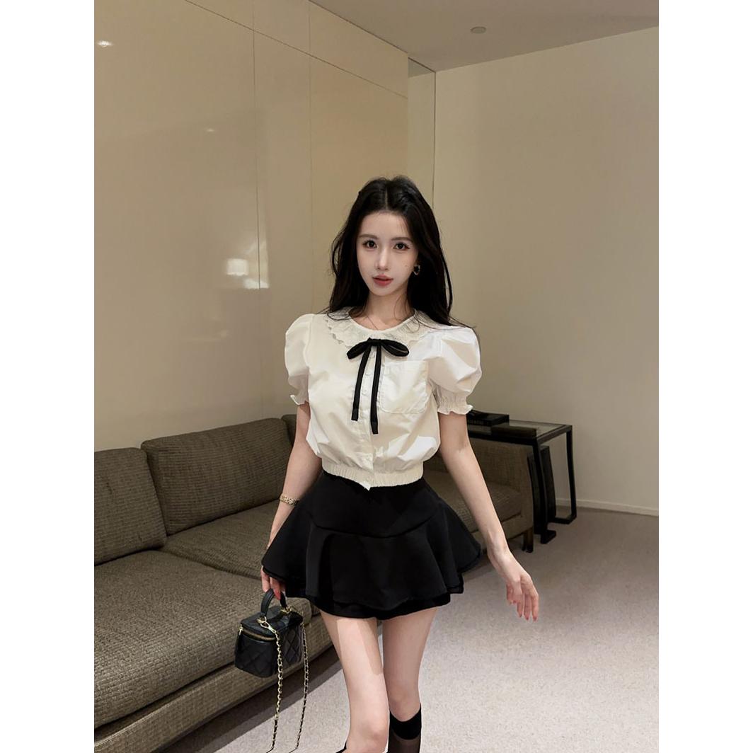 学院风甜美系蕾丝边娃娃领白色衬衫蓬蓬半身裙裤两件套