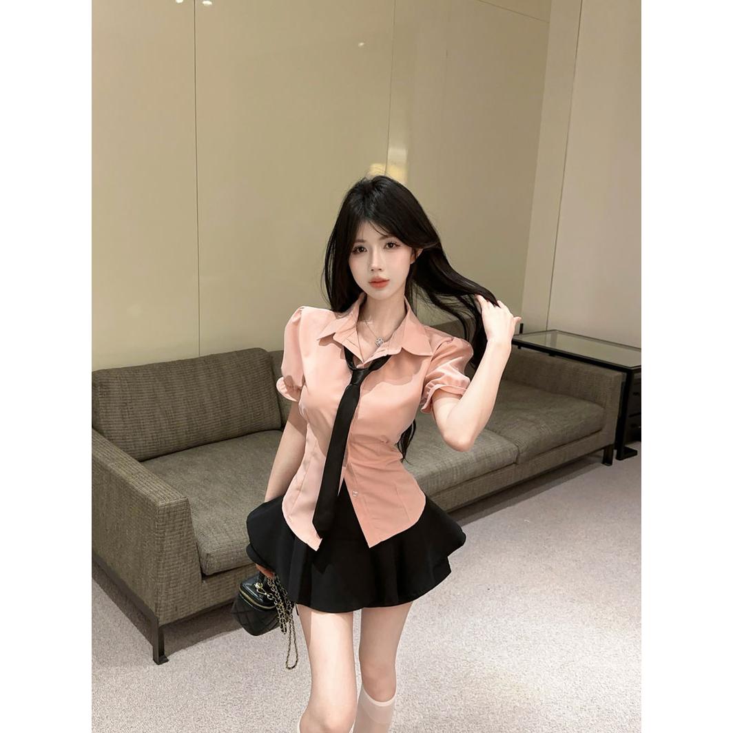 纯欲收腰jk领带衬衫设计感小众上衣高腰蓬蓬短裙套装女