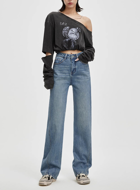 YC遇初079洗水蓝色牛仔裤女弹力秋季高腰垂感抗皱阔腿拖地长裤