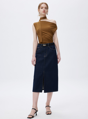 YC遇初185原牛色高腰开叉牛仔半身裙女秋季新款中长款包臀裙遇初