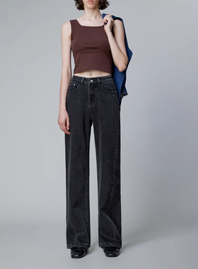 YC遇初076黑灰色牛仔裤女春秋简约百搭垂感显瘦窄版阔腿拖地裤子
