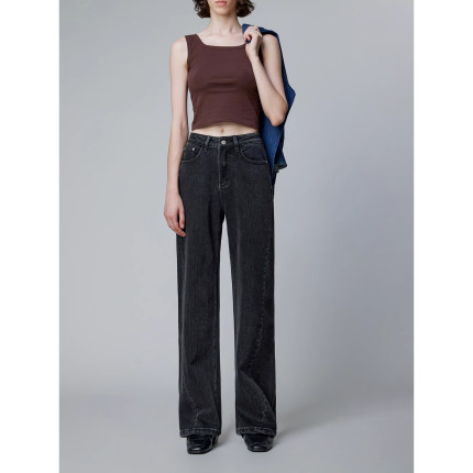 YC遇初076黑灰色牛仔裤女春秋简约百搭垂感显瘦窄版阔腿拖地裤子