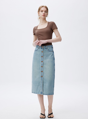 YC遇初187秋季设计感高腰开叉牛仔半身裙女显瘦中长包臀裙YC遇初