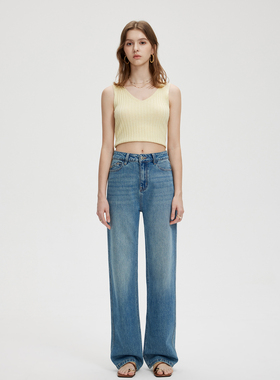 YC遇初029 复古浅兰秋季高腰阔腿牛仔裤女垂感高品质直筒宽松显瘦