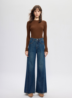 YC342遇初[无弹]解构美式宽松遮胯显瘦毛边直筒牛仔长裤子女秋季