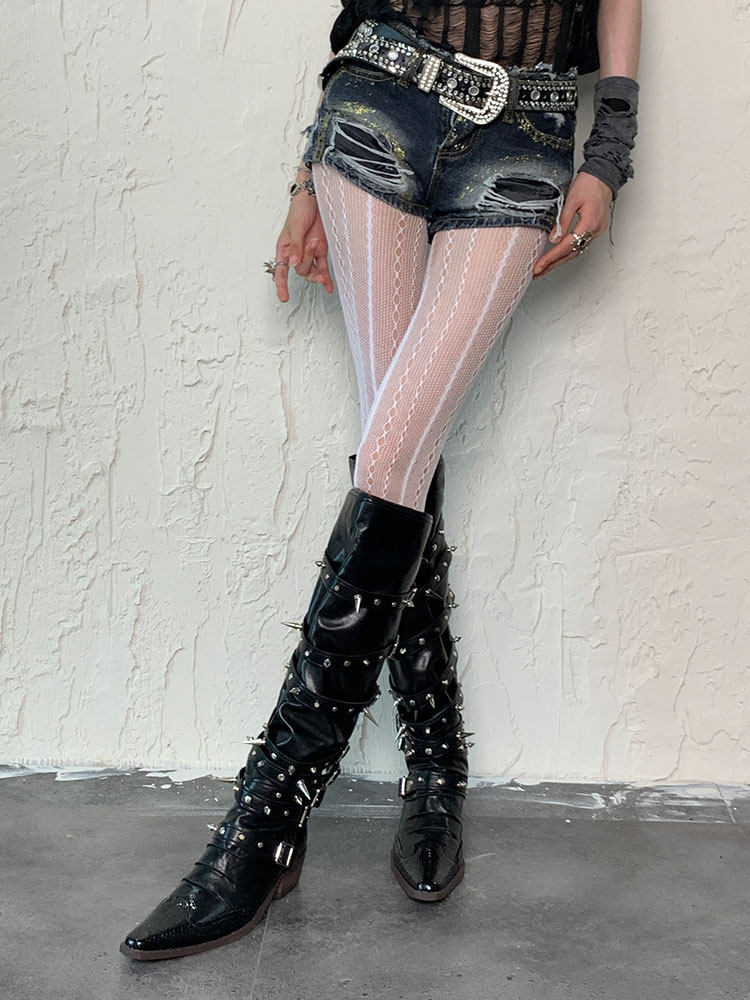 보키오르 웨이브 와인 | 시원한 중공 망사 Y2K 황야 시부야 하위 문화 수직 패턴 이국적인 히피 고대