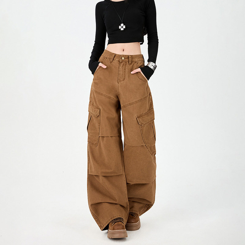 潮酷休闲女装工装阔腿牛仔裤廓形宽松贴袋纯棉褶皱松弛感个性时尚