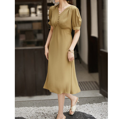 高端进口三醋酸 泡泡袖连衣裙2025女装新款裙子夏季料桔梗v领长裙