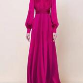 宴会年会生日派对演出修身 法式 玫红缎面奢华气质长袖 敬酒晚礼服裙