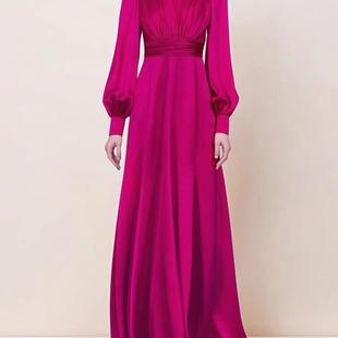 法式玫红缎面奢华气质长袖宴会年会生日派对演出修身敬酒晚礼服裙