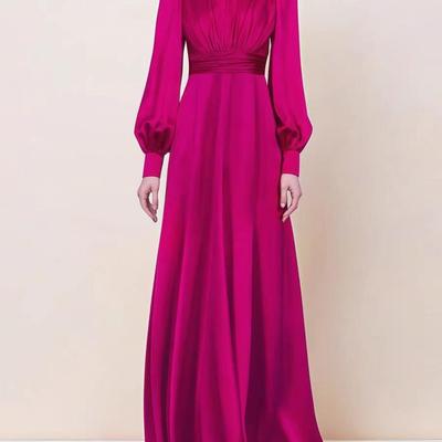 纤缕法式玫红缎面修身晚礼服裙