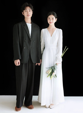 法式白色简约长袖V领轻婚纱森系超仙旅拍结婚登记领证晚礼服裙冬