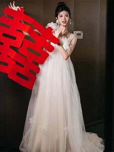 法式 新娘超仙晨袍森系吊带旅拍出门轻婚纱订婚宴会拖尾晚礼服白裙