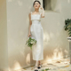 法式 缎面吊带新娘订婚登记领证出门轻婚纱宴会生日气质晚礼服白裙