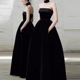 法式黑色抹胸丝绒宴会年会生日派对演出气质显瘦长款晚礼服连衣裙