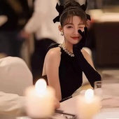 法式 黑色挂脖缎面宴会年会生日派对主持敬酒轻奢赫本显瘦晚礼服裙