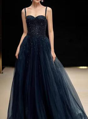 法式蓝色吊带星空气质宴会年会生日派对主持人演出艺考晚礼服长裙