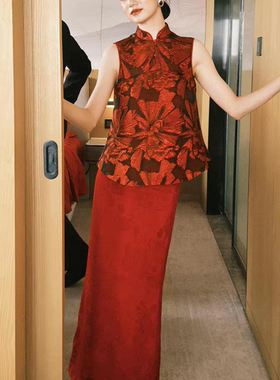 新中式红色绣花晨袍新娘订婚回门宴立领改良旗袍套装敬酒晚礼服裙