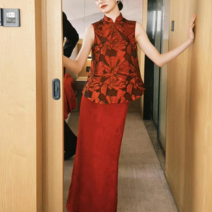 新中式红色绣花晨袍新娘订婚回门宴立领改良旗袍套装敬酒晚礼服裙