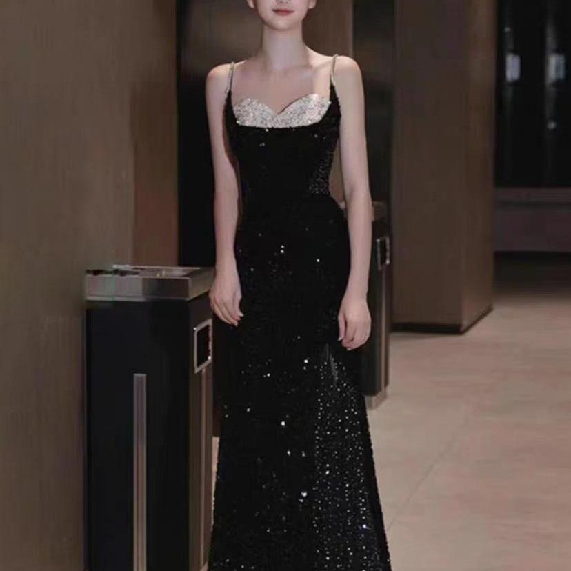纤缕法式吊带黑色亮片晚礼服裙