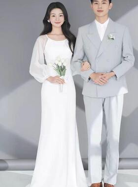 法式白色缎面长袖简约订婚出门迎宾轻婚纱新娘结婚敬酒晚宴礼服裙