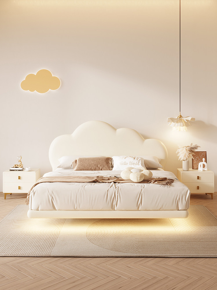 源氏木语儿童床女孩公主床真皮软包一米五单人床奶油风女生卧室云