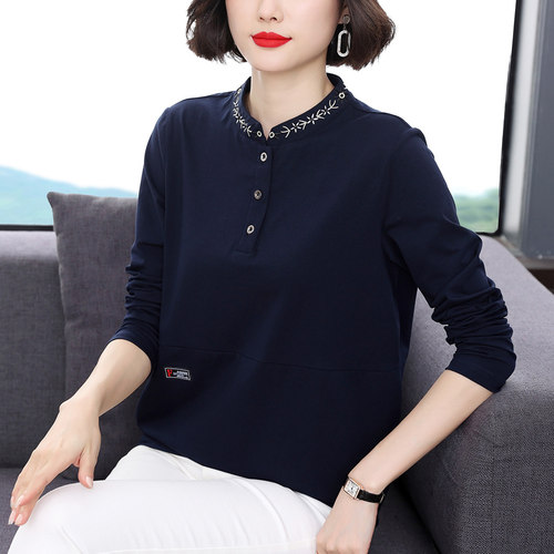中年妈妈纯棉长袖T恤宽松立领