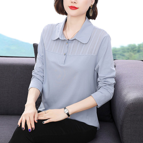 妈妈翻领纯棉长袖t恤女POLO衫