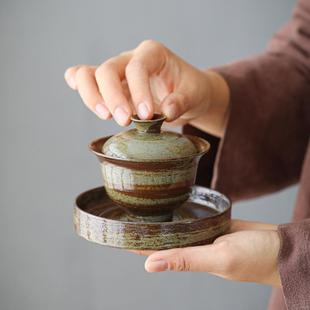 粗陶三才盖碗家用仿古泡茶器防烫敬茶碗壶承 手工美学手打釉日式