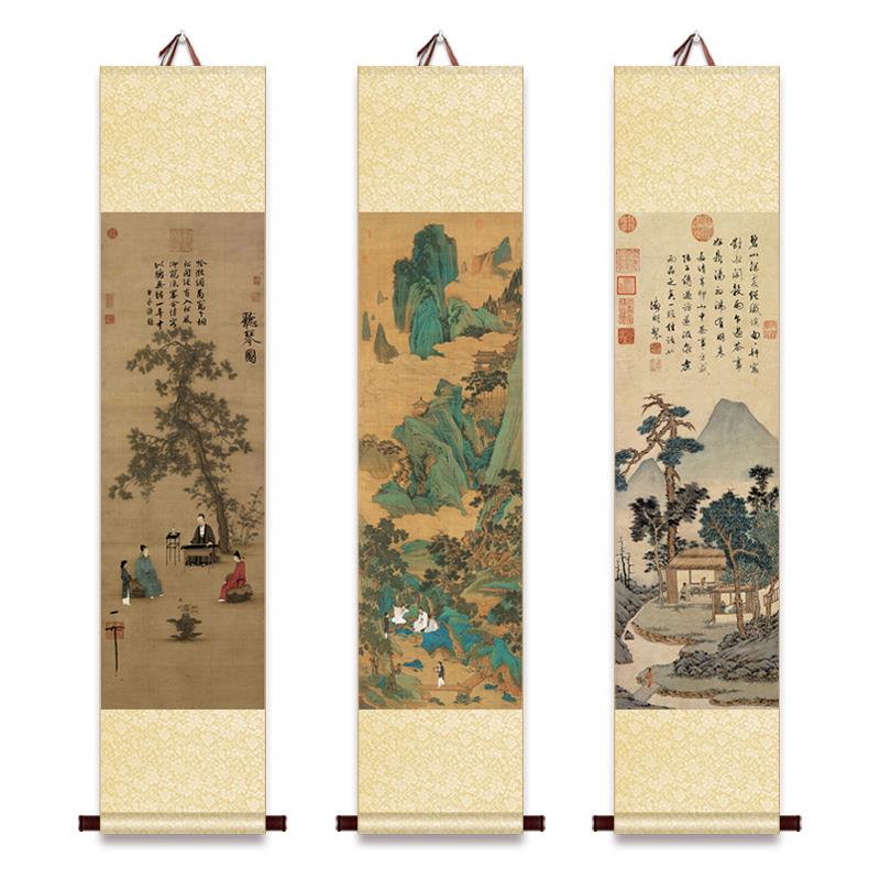 中式桃源仙境图品茶图听琴图古风国画装饰画卷轴挂画挂轴山水古画