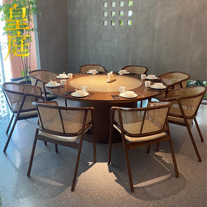新中式餐厅大圆桌酒店会所包厢电动大理石转盘餐桌椅轻奢现代简约