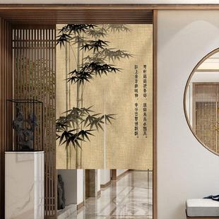 自吸门帘家用免打孔竹子民宿厨房厕所遮挡复古卧室棉麻挂布帘 中式