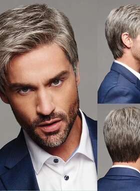 新款男士跨境速卖通假发欧美棕灰色斜分厂家直销wig假发男外贸