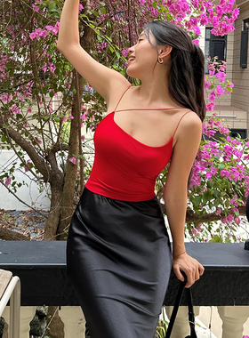 ooh itch痒痒 斜肩带吊带背心女外穿小众设计款欧美百搭短款上衣