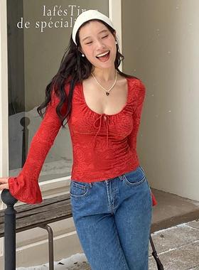 ooh itch痒痒 红色提花绑带长袖t恤女修身性感打底上衣2024年冬