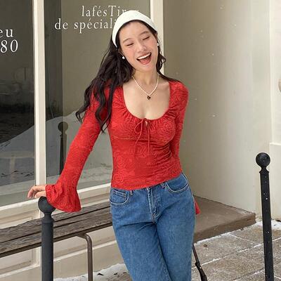 法式提花针织长袖绑带上衣