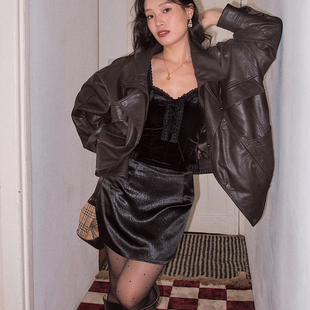 oohitch痒痒「超重工」 复古翻领PU皮外套女宽松保暖皮衣夹克上衣