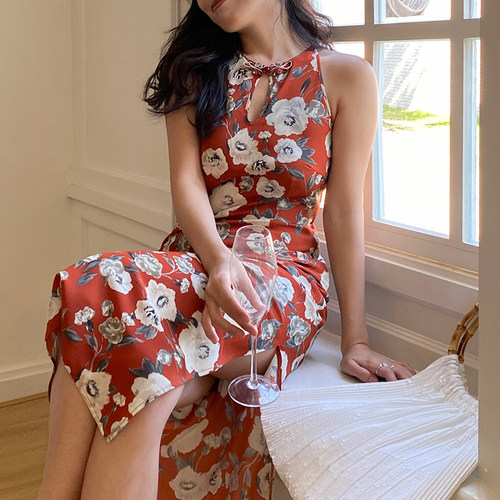 新中式盘扣复古印花开叉包臀裙
