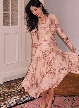 ooh itch痒痒 裸色网纱印花连衣裙女长袖荡领收腰高级感气质A字裙