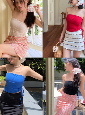 ooh itch痒痒 法式抽绳抹胸女外穿带胸垫可拆卸收腰显瘦短款上衣