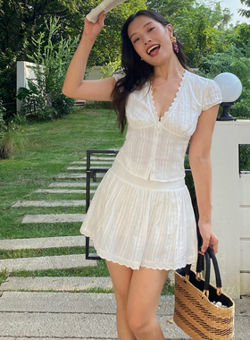 ooh itch痒痒 复古白色两件套法式蕾丝拼接V领上衣+半身裙套装
