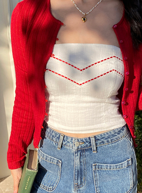 oohitch痒痒 红色蕾丝织带抹胸白色可外穿法式修身性感短款上衣女