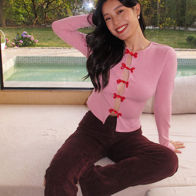 ooh itch痒痒 粉色新中式盘扣针织衫圆领长袖修身百搭镂空上衣