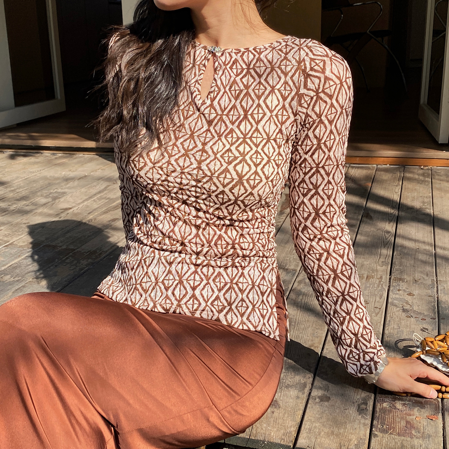 法式复古菱格纹长袖T恤